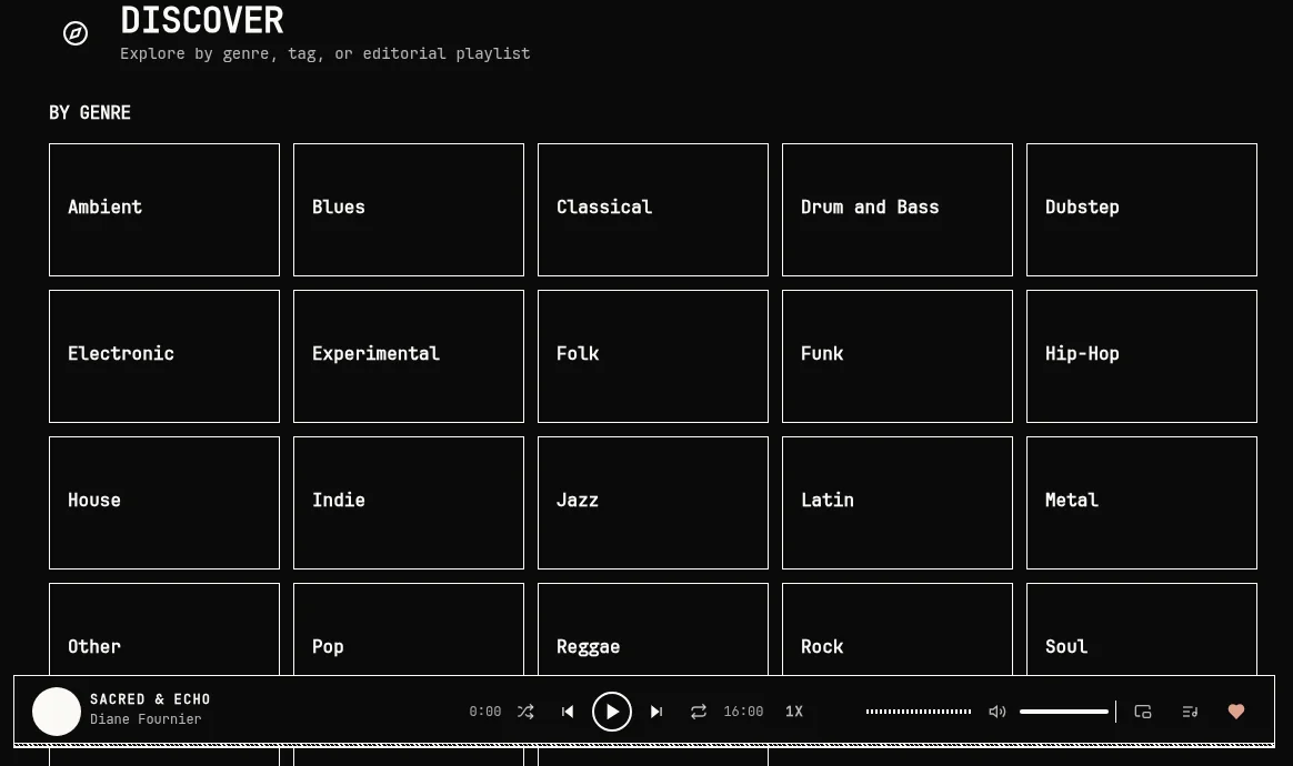 Page Découvrir de Veza : une grille de genres musicaux, d'Ambient à Soul, avec le lecteur en bas de l'écran.